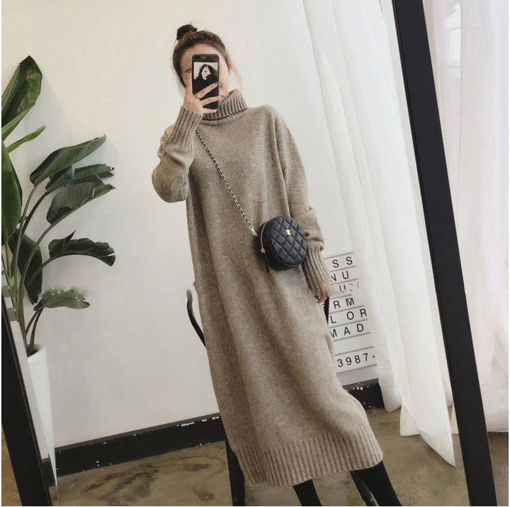 Damen Strickkleid mit hohem Kragen | Langes Winterkleid mit Rippdetails und weicher Strickstruktur für Alltag und besondere Anlässe