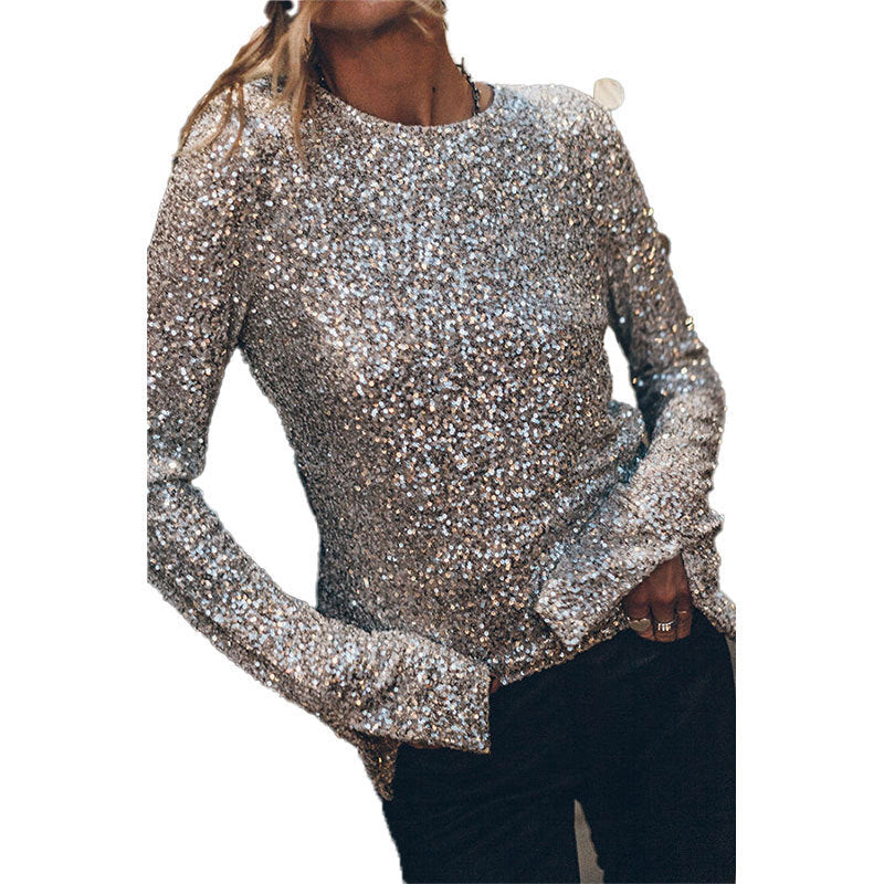 Damen Pailletten Oberteil | Elegantes Glitzertop mit funkelnden Pailletten, langen Rüschenärmeln und femininer Passform für festliche Anlässe
