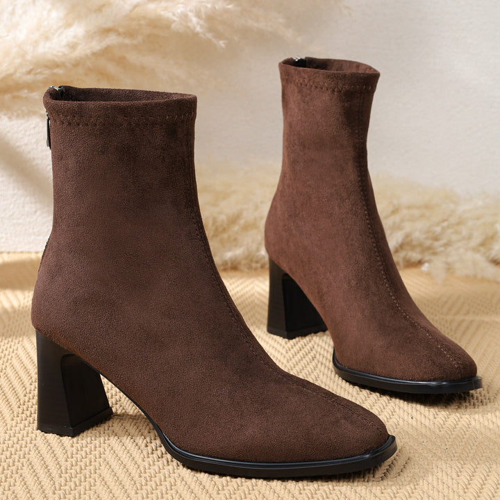 Damen Wildleder-Stiefeletten mit Blockabsatz | Elegante Ankle Boots mit seitlichem Innenreißverschluss für Alltag, Büro und Abendanlässe