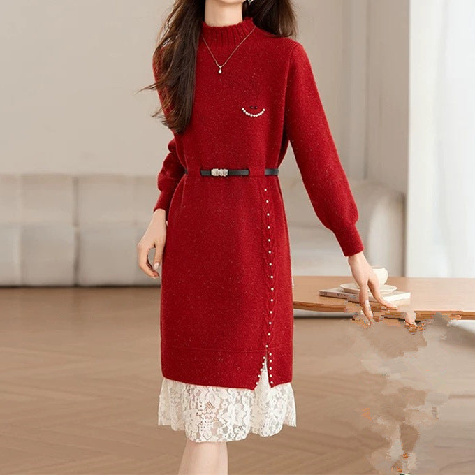 Damen Strickkleid aus Wolle mit Spitzensaum | Taillierbares Winterkleid mit Gürtel und hohem Kragen für Büro und Anlässe