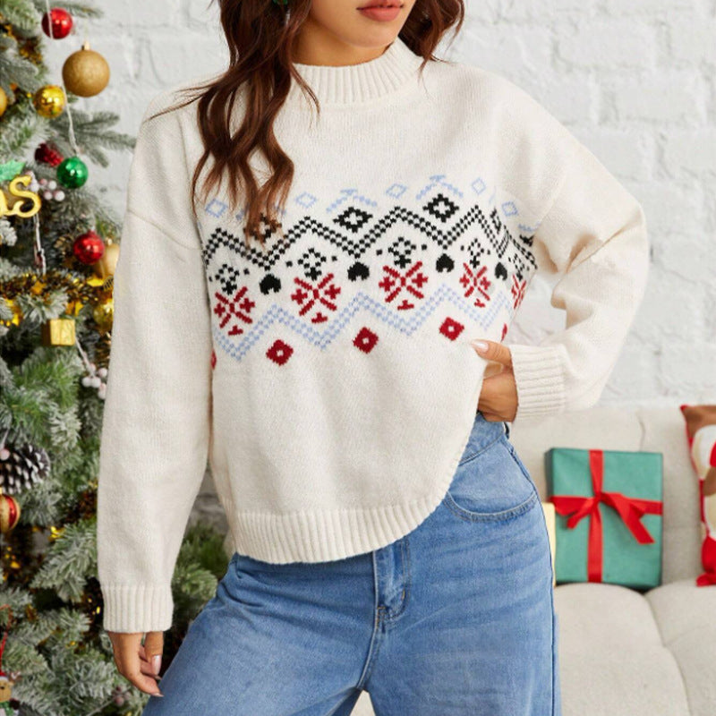 Damen Winterpullover mit Fair-Isle-Muster | Warmer Pullover mit hohem Kragen in Rot, Schwarz und Blau für festliche Winterlooks