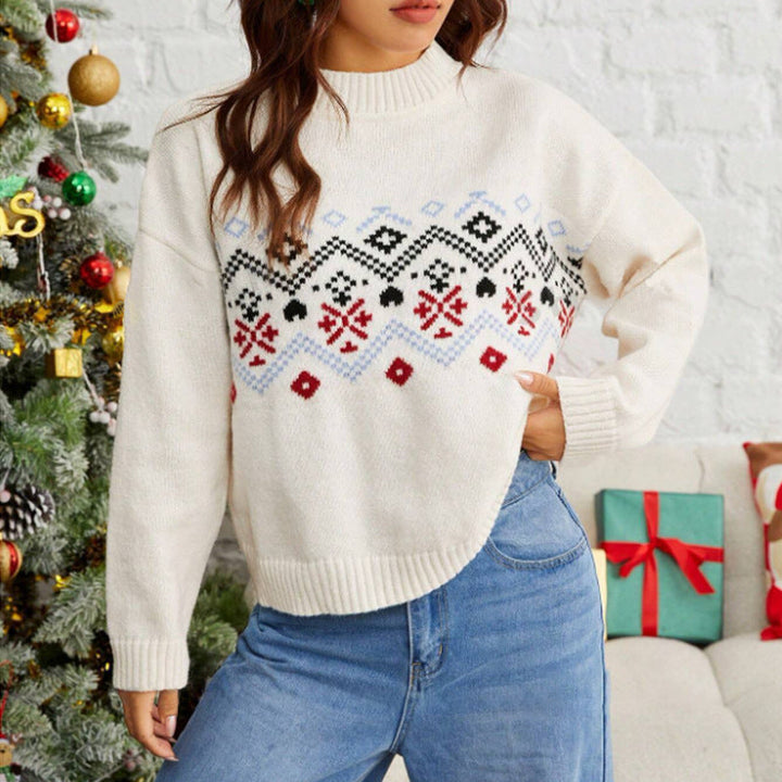 Damen Winterpullover mit Fair-Isle-Muster | Warmer Pullover mit hohem Kragen in Rot, Schwarz und Blau für festliche Winterlooks