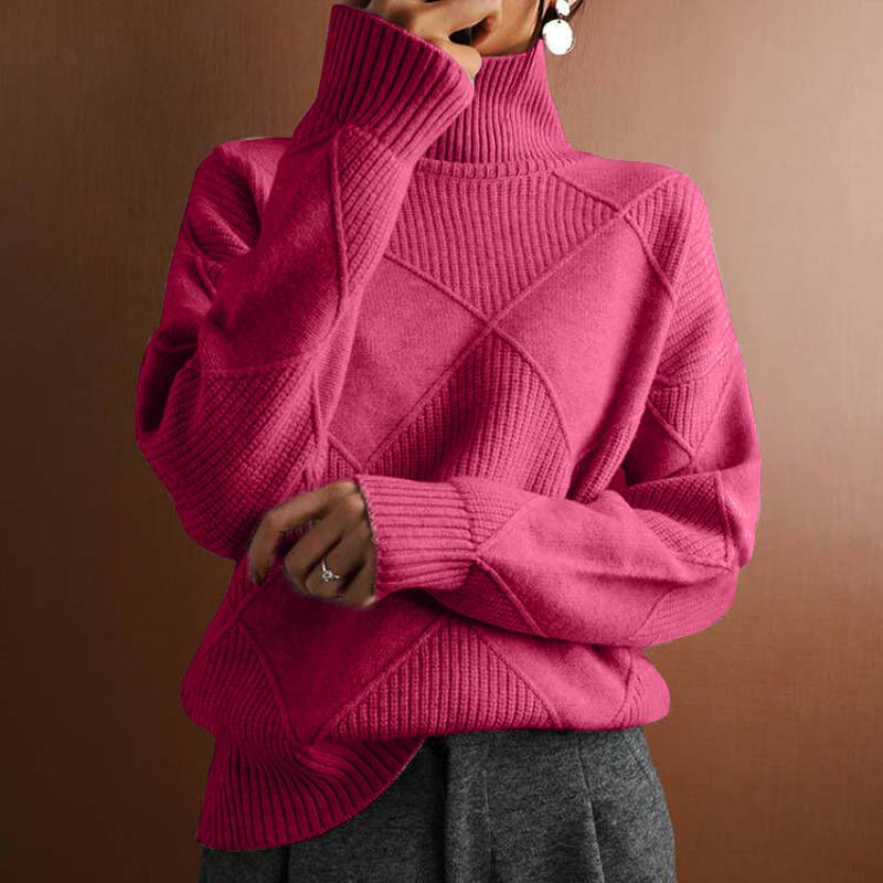 Damen Strickpullover mit hohem Kragen | Warmer Winterpullover mit strukturiertem geometrischem Muster für moderne Winterlooks