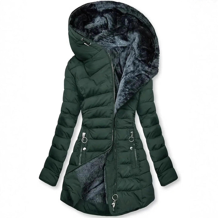 Damen lange Winterjacke mit weichem Innenfutter | Warm gefütterte Jacke mit Kapuze, taillierter Passform und Reißverschlusstaschen