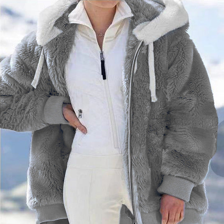 Damen-Fleecejacke mit Kapuze | Warme Oversize-Jacke mit Teddyfutter, Reißverschluss und Seitentaschen