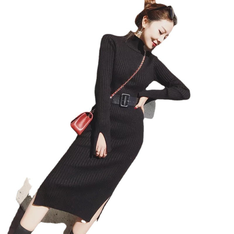 Damen Strickkleid mit hohem Kragen | Tailliertes Kleid mit Gürtel, Reißverschluss und seitlichem Schlitz für elegante Looks