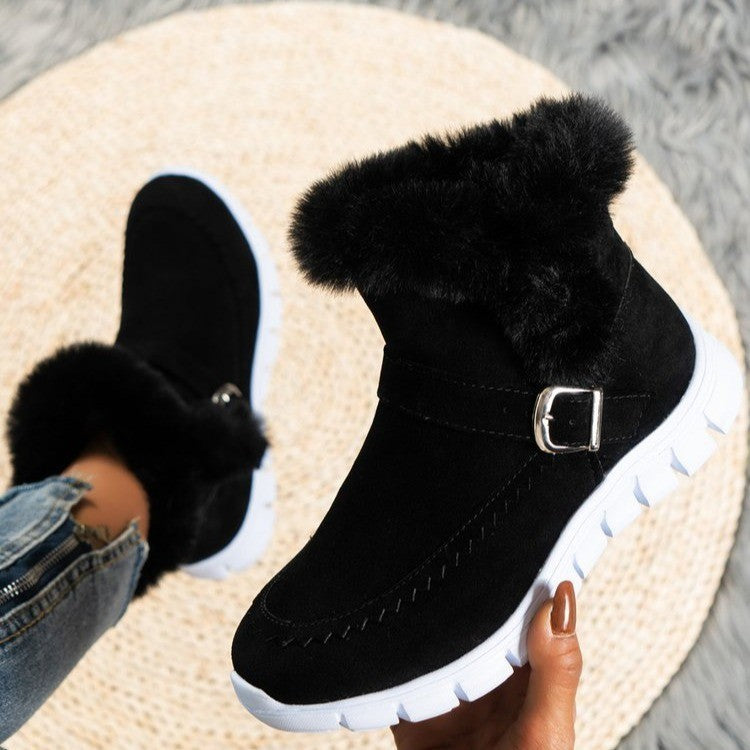 Damen Winterstiefeletten warm gefüttert | Kurzstiefel in Velourslederoptik mit Kunstfellbesatz, Reißverschluss und Profilsohle