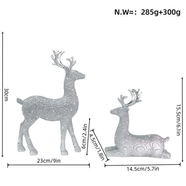 Weihnachtsdeko Rentier 2er Set in Silber | Glitzernde Rentierfiguren aus Harz mit 30 cm und 15,5 cm Höhe für festliche Tischdeko