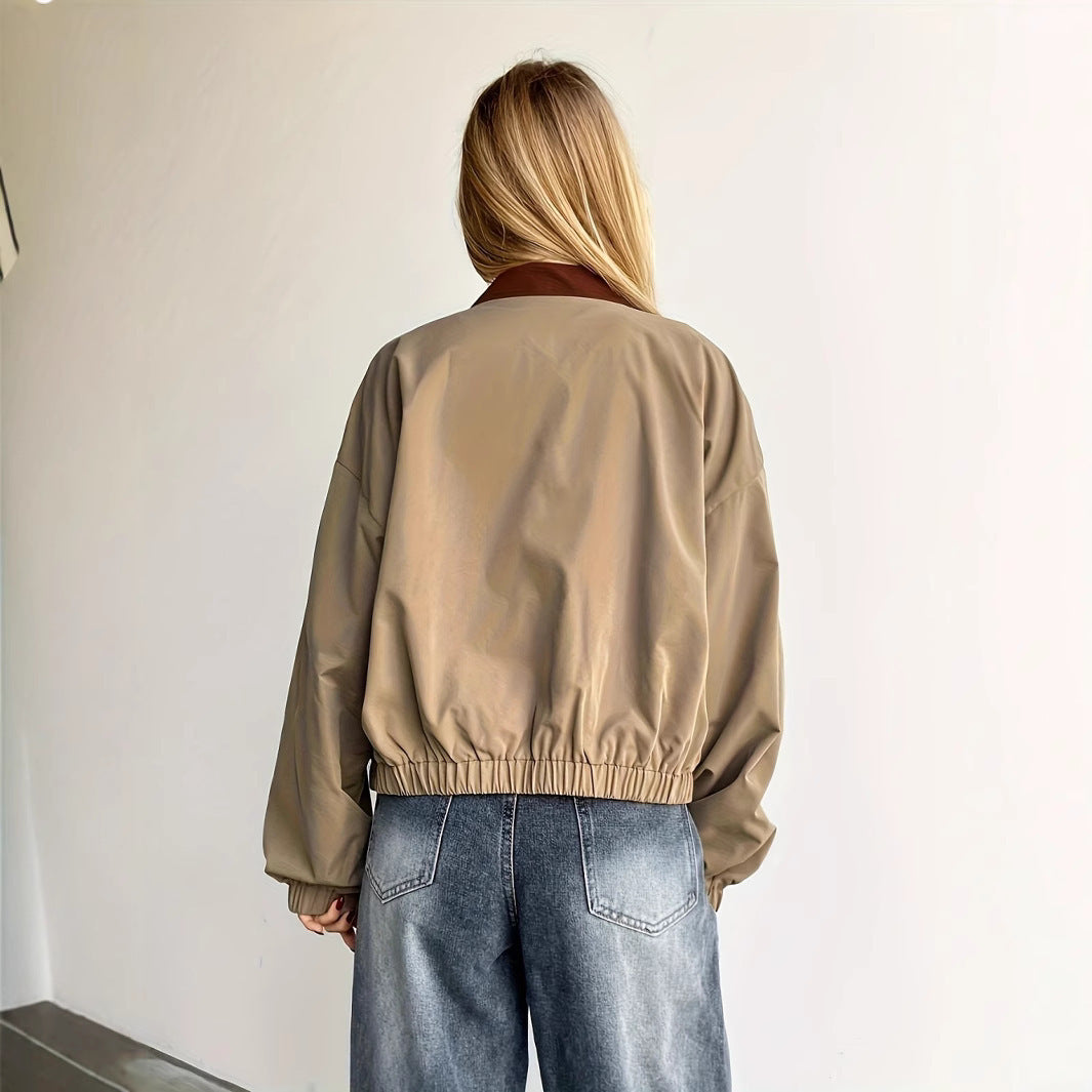 Damen Bomberjacke mit Kragen | Lockere Übergangsjacke mit gerippten Ärmelbündchen, atmungsaktivem Stoff und bequemer Passform