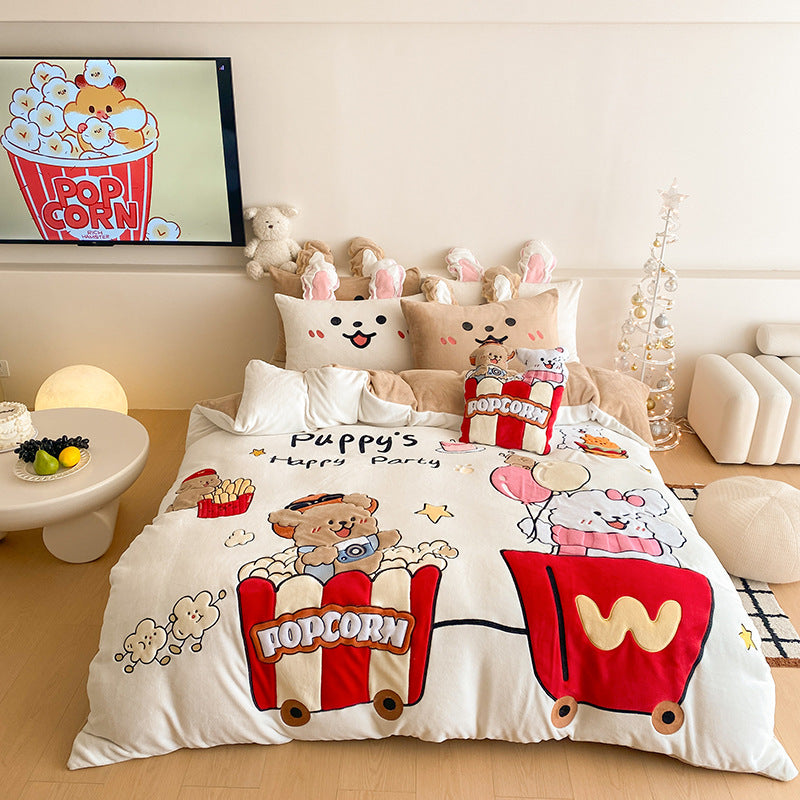 Flauschige Kinder Bettwäsche mit Teddy | Gesteppte Kuschelbettwäsche mit 3D-Bären-Applikationen und wärmender Füllung