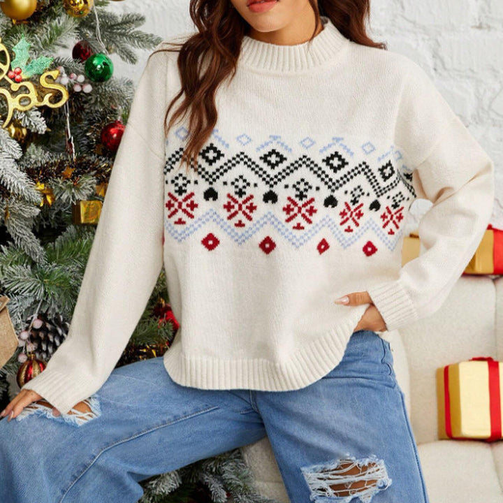 Damen Winterpullover mit Fair-Isle-Muster | Warmer Pullover mit hohem Kragen in Rot, Schwarz und Blau für festliche Winterlooks