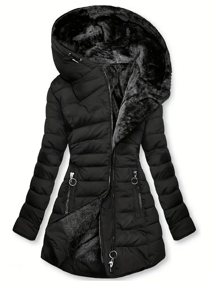 Damen lange Winterjacke mit weichem Innenfutter | Warm gefütterte Jacke mit Kapuze, taillierter Passform und Reißverschlusstaschen