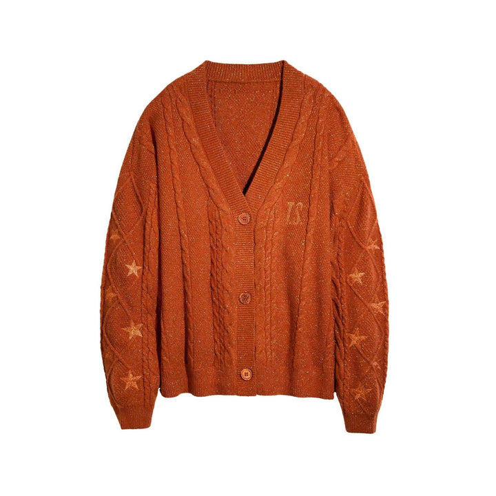 Damen Grobstrick Cardigan mit Zopfmuster | Oversize-Strickjacke mit V-Ausschnitt, Sternstickereien und Knopfleiste