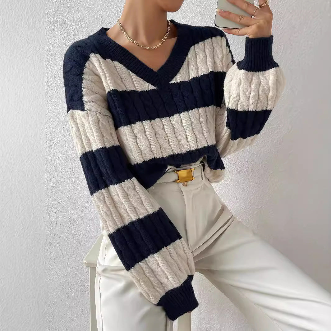 Damen Grobstrickpullover | Gestreifter Oversize-Pullover mit Zopfmuster, tiefem V-Ausschnitt und Ballonärmeln für Alltag und Freizeit