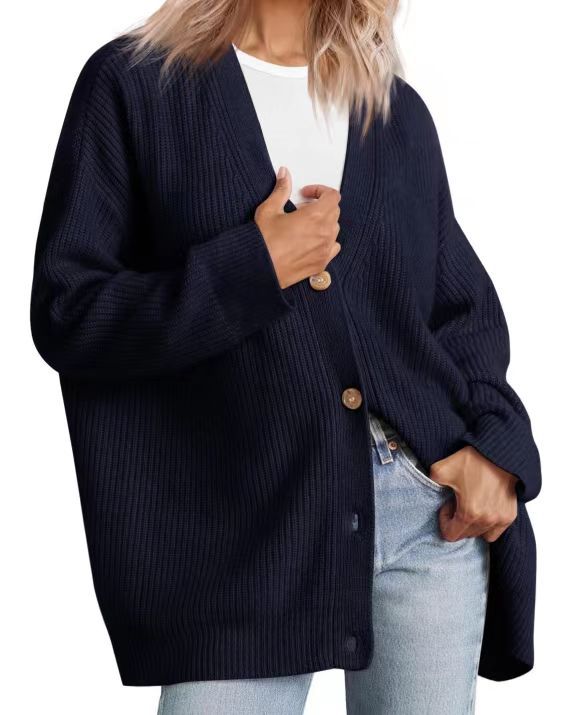 Damen Oversize Strickjacke mit Knopfleiste | Lockerer Cardigan mit V-Ausschnitt, langen Ärmeln und geradem Saum
