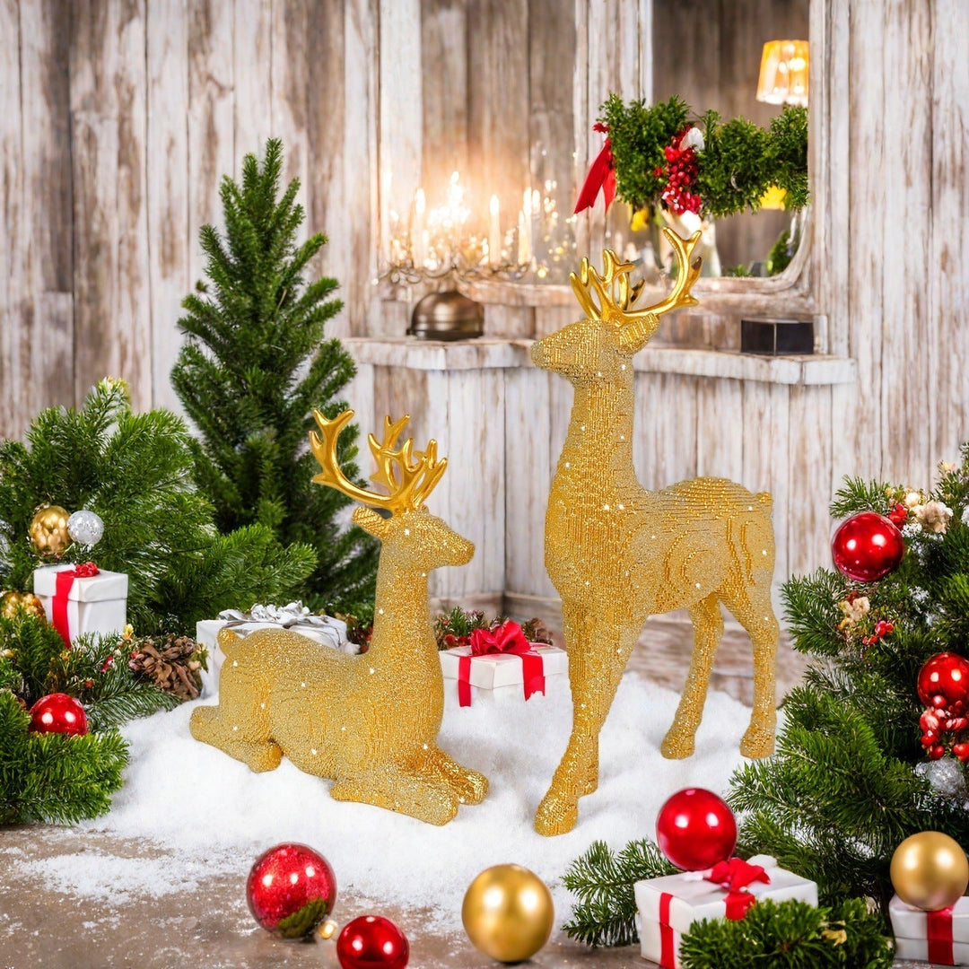 Weihnachtsdeko Rentier 2er Set in Silber | Glitzernde Rentierfiguren aus Harz mit 30 cm und 15,5 cm Höhe für festliche Tischdeko