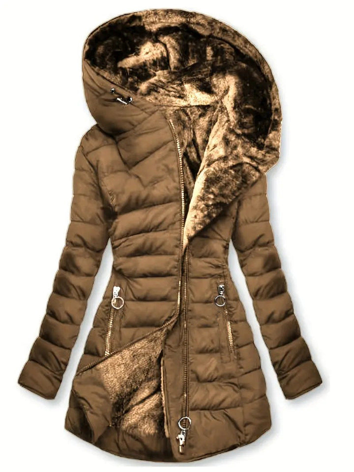 Damen lange Winterjacke mit weichem Innenfutter | Warm gefütterte Jacke mit Kapuze, taillierter Passform und Reißverschlusstaschen
