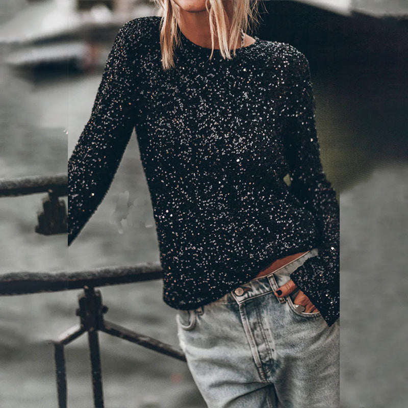 Damen Pailletten Oberteil | Elegantes Glitzertop mit funkelnden Pailletten, langen Rüschenärmeln und femininer Passform für festliche Anlässe
