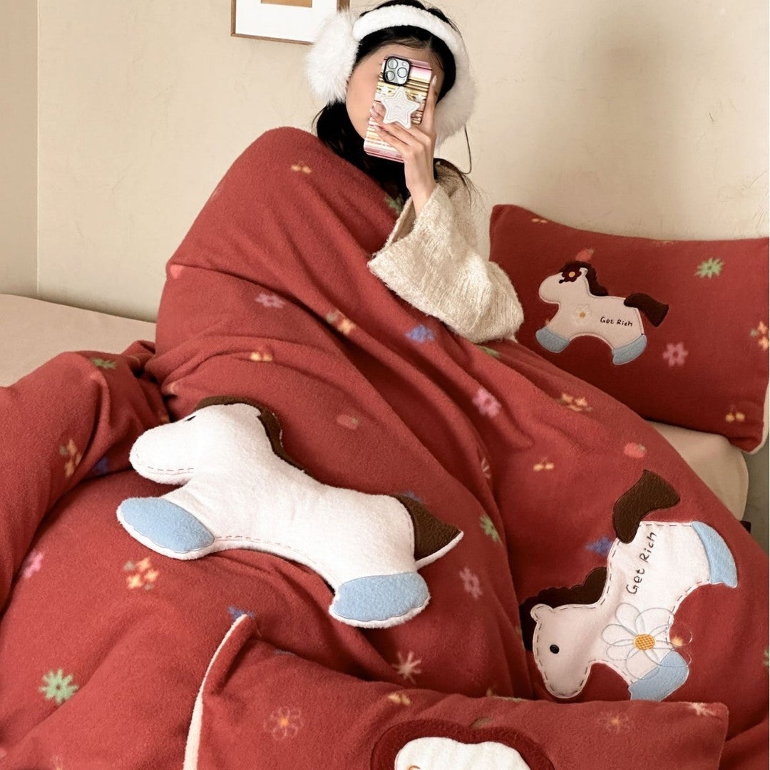 Mikrofaser-Fleece Bettwäsche-Set | Flauschige Bettwäsche mit Tier-Applikationen und gesteppter Rückseite für Kinderzimmer