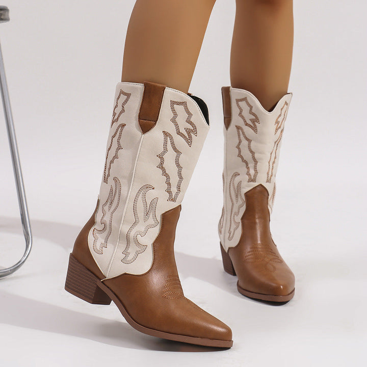 Damen Cowboystiefel mit Stickerei | Wadenhohe Westernstiefel mit Blockabsatz, spitzer Zehenform und gepolsterter Innensohle