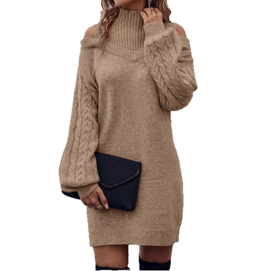 Damen Strickkleid mit Cut-Out Schultern | Grobstrickkleid mit hohem Kragen und lockerem Schnitt für Alltag und Abendlooks