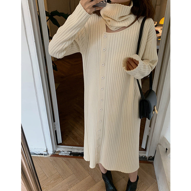 Damen Strickkleid mit hohem Kragen | Rippstrickkleid mit Knopfverschluss und weicher Strickstruktur für Alltag und Anlässe