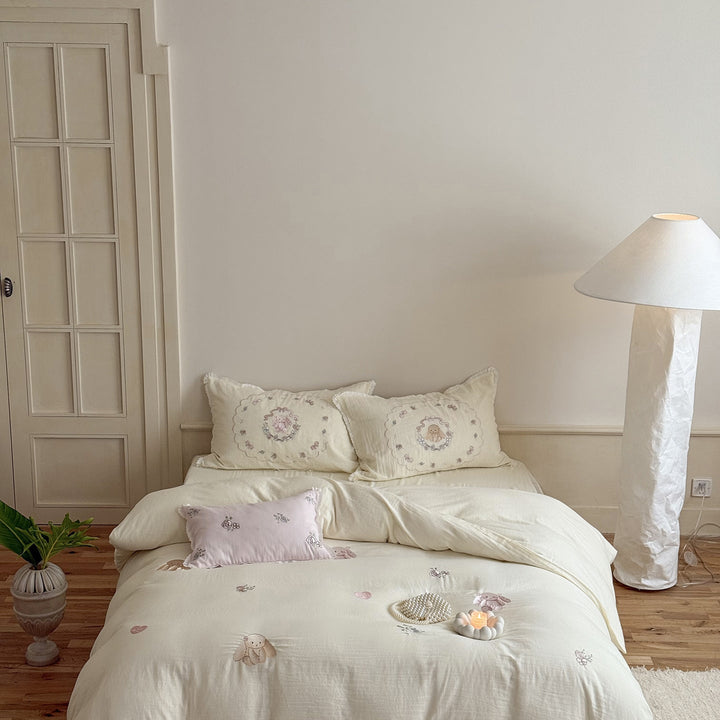 Baumwoll Bettwäsche-Set mit Rosenstickerei | Romantische Bettwäsche mit Vintage-Blumen und Volantkanten für Schlafzimmer