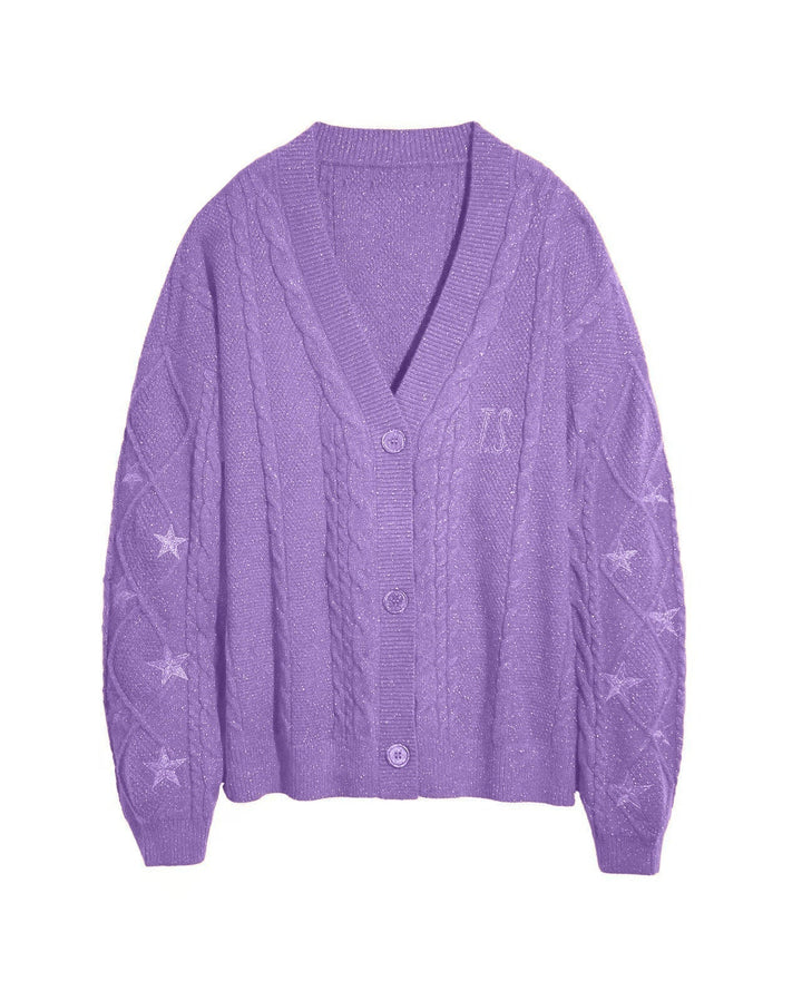 Damen Grobstrick Cardigan mit Zopfmuster | Oversize-Strickjacke mit V-Ausschnitt, Sternstickereien und Knopfleiste