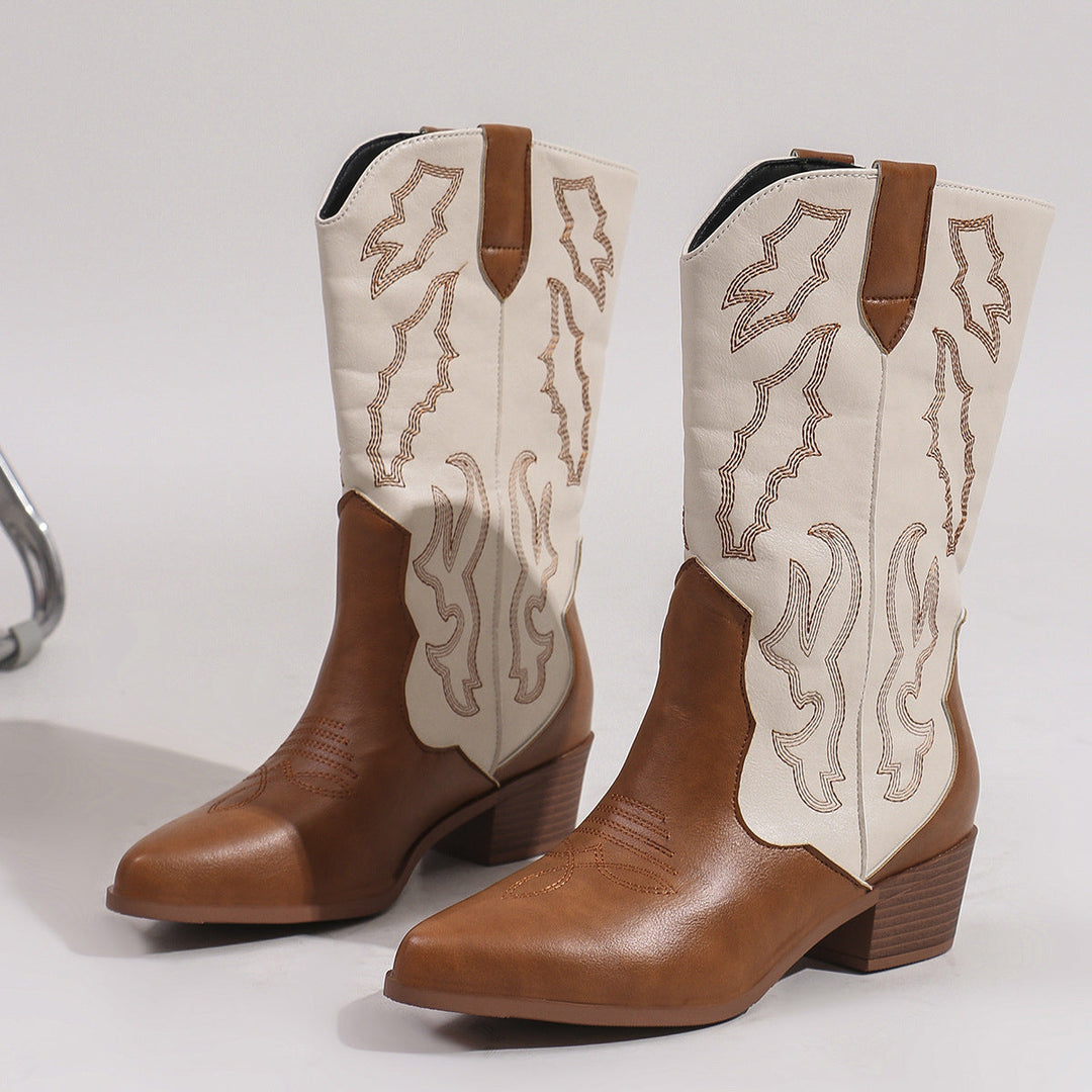Damen Cowboystiefel mit Stickerei | Wadenhohe Westernstiefel mit Blockabsatz, spitzer Zehenform und gepolsterter Innensohle