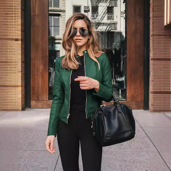 Damen Lederjacke mit Stehkragen | Taillierte Jacke mit Zwei-Wege-Reißverschluss und seitlichen Reißverschlusstaschen
