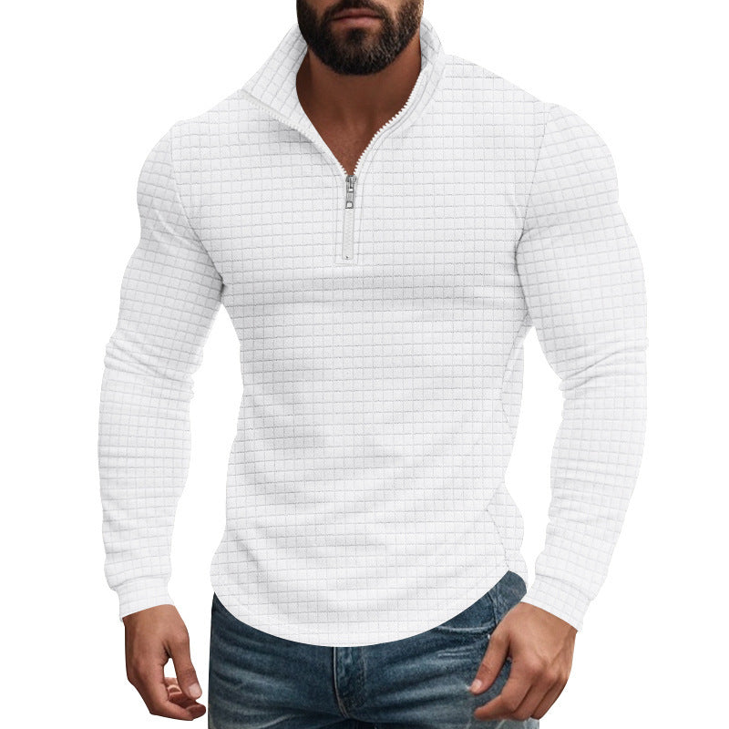 Herren Stehkragenpullover mit Reißverschluss | Strukturiertes Karomuster und atmungsaktiver Stoff für Büro, Alltag und Freizeit