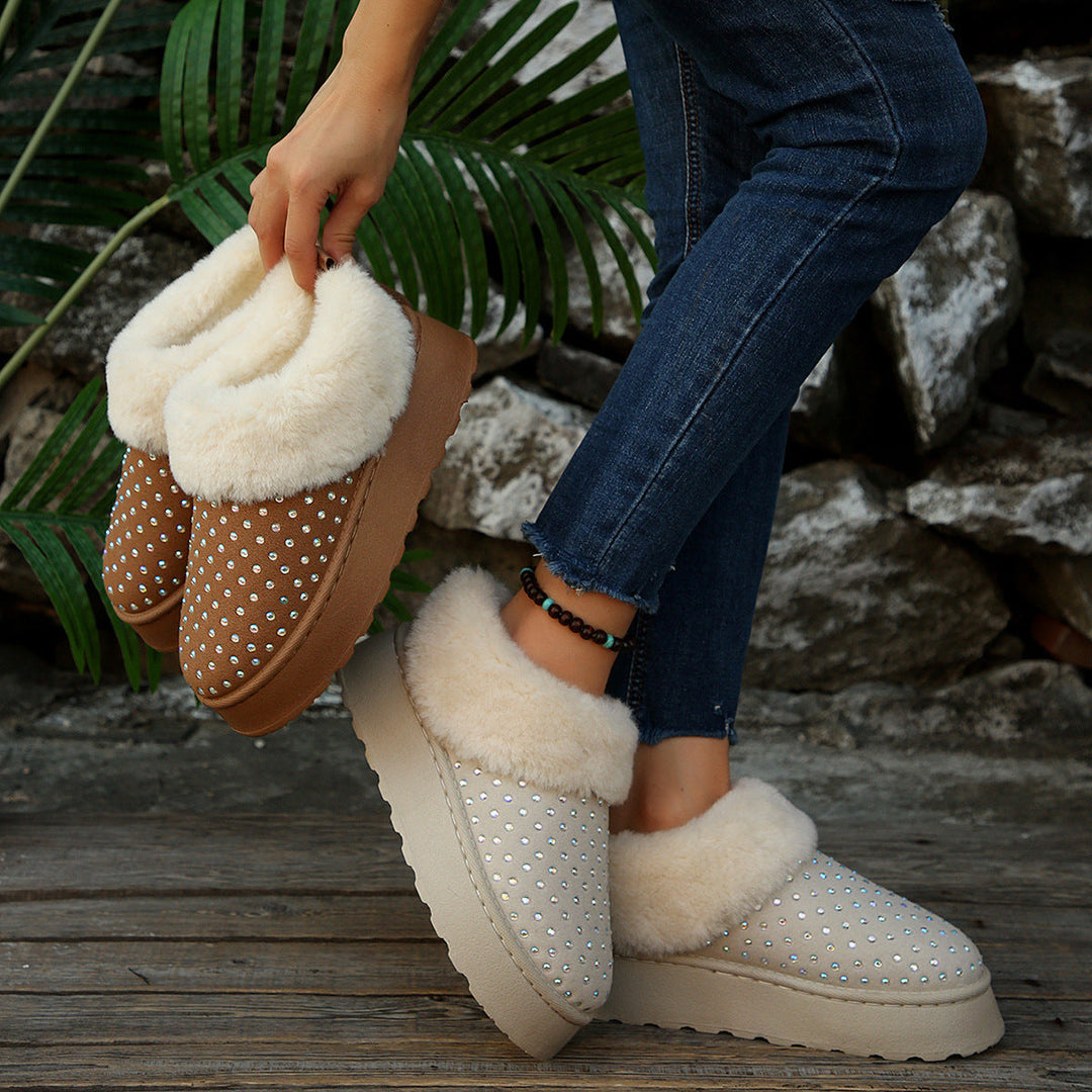 Damen Hausschuhe mit warmem Futter | Flauschige Pantoffeln mit Glitzer-Verzierungen und rutschfester Gummisohle für Zuhause