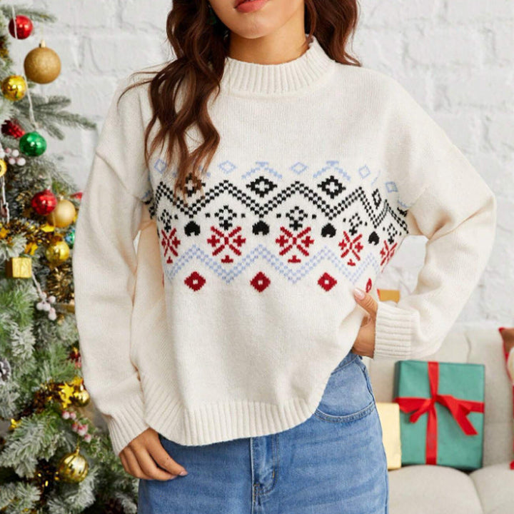 Damen Winterpullover mit Fair-Isle-Muster | Warmer Pullover mit hohem Kragen in Rot, Schwarz und Blau für festliche Winterlooks