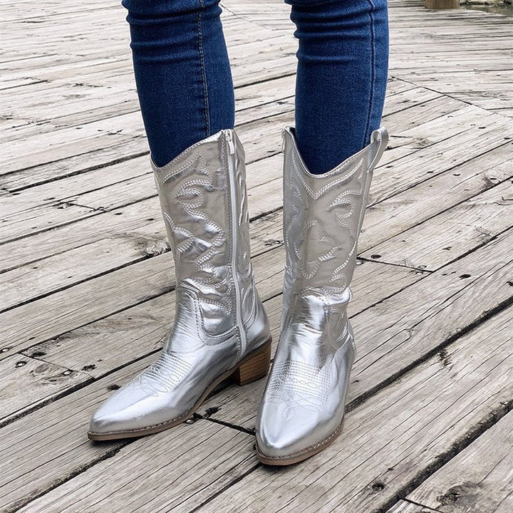 Damen Cowboystiefel im Western-Stil | Hoher Schaft &amp; stabiler Absatz | Klassische Westernboots mit dekorativen Ziernähten