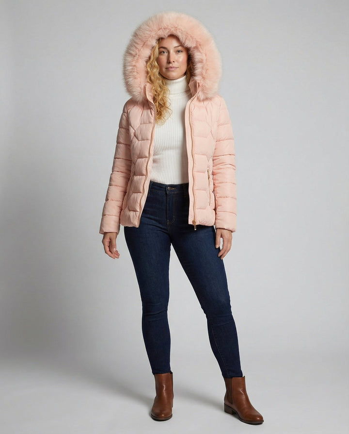 Damen Winterjacke mit Kunstfellkragen | Warme Jacke mit Reißverschluss und praktischen Taschen für Alltag und kalte Tage