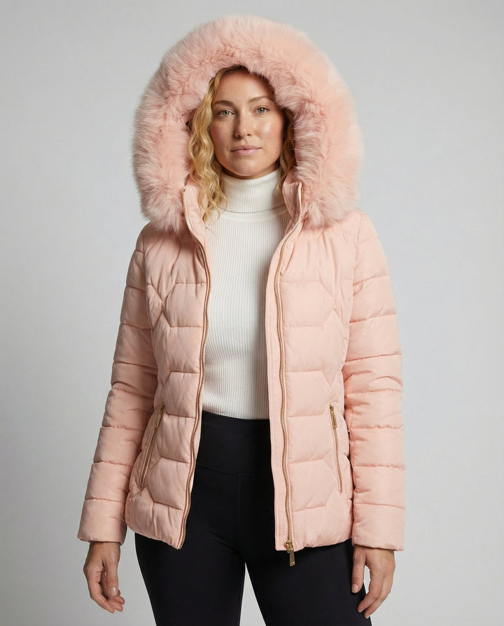 Damen Winterjacke mit Kunstfellkragen | Warme Jacke mit Reißverschluss und praktischen Taschen für Alltag und kalte Tage
