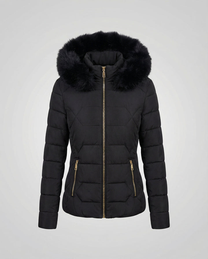 Damen Winterjacke mit Kunstfellkragen | Warme Jacke mit Reißverschluss und praktischen Taschen für Alltag und kalte Tage