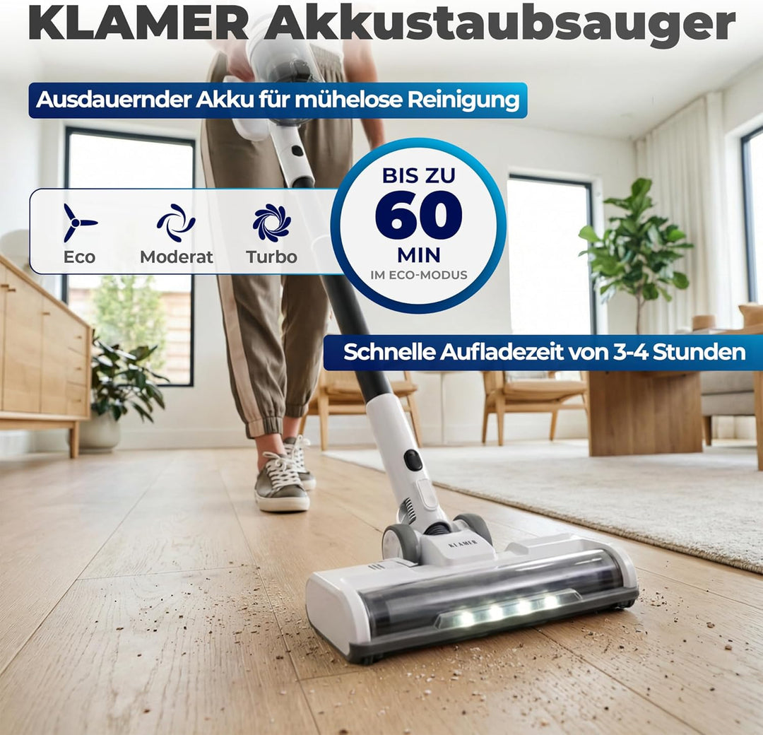 Akkustaubsauger 460 Watt | Kabelloser 2-in-1 Stielstaubsauger mit LED-Bodendüse und bis zu 60 Minuten Laufzeit