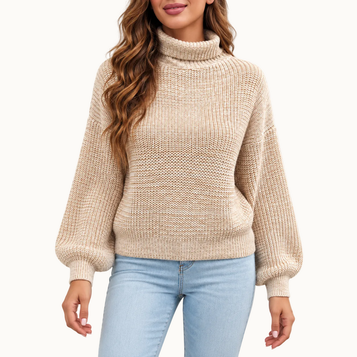Damen Rollkragenpullover | Warmer Pullover mit Laternenärmeln, modernem Muster und bequemer Passform für Alltag und Freizeit