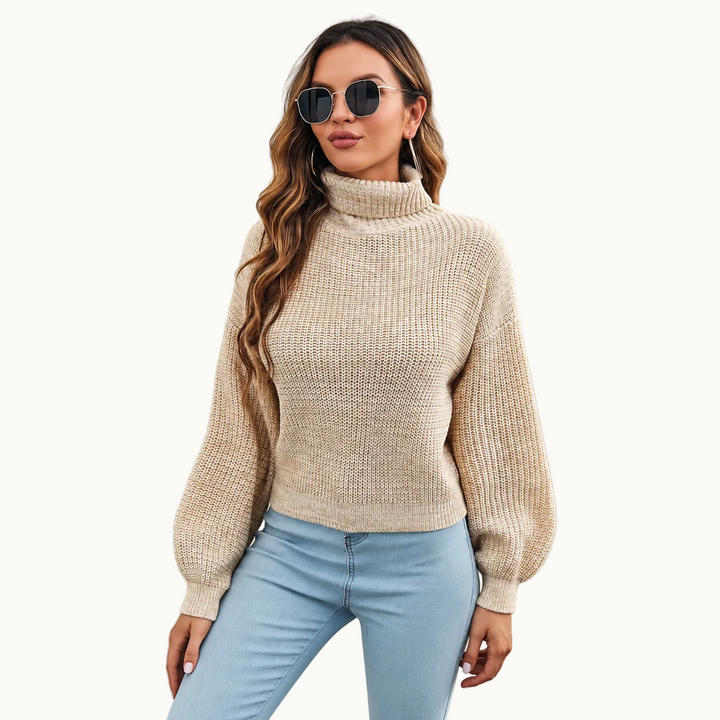 Damen Rollkragenpullover | Warmer Pullover mit Laternenärmeln, modernem Muster und bequemer Passform für Alltag und Freizeit