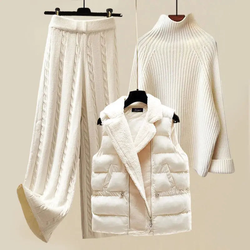 Damen Strick Set 3-teilig | Rollkragenpullover, Weste &amp; High-Waist Hose | Elegantes Winter Outfit