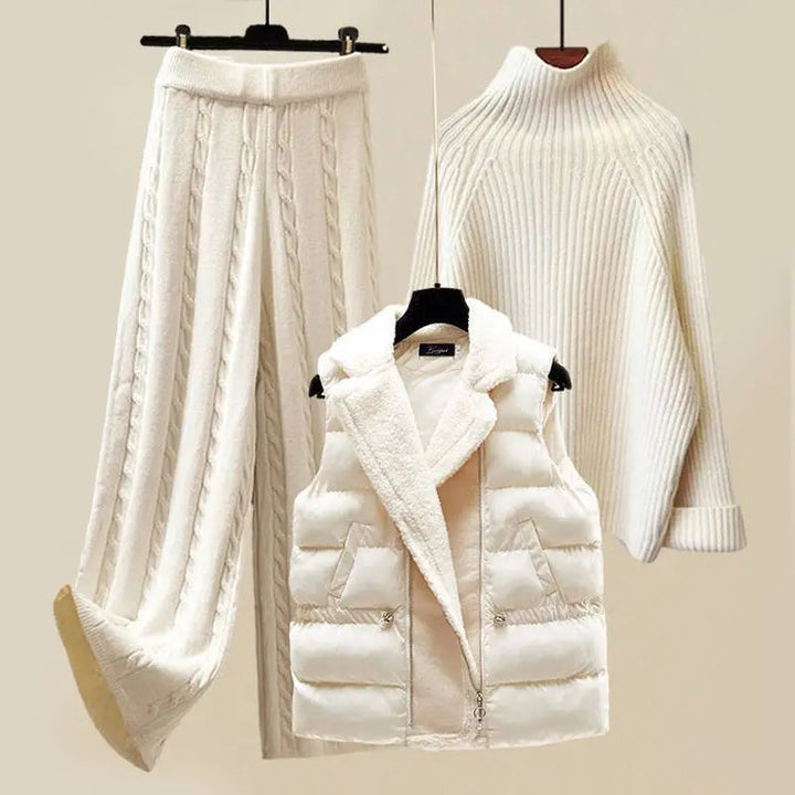 Damen Strick Set 3-teilig | Rollkragenpullover, Weste &amp; High-Waist Hose | Elegantes Winter Outfit