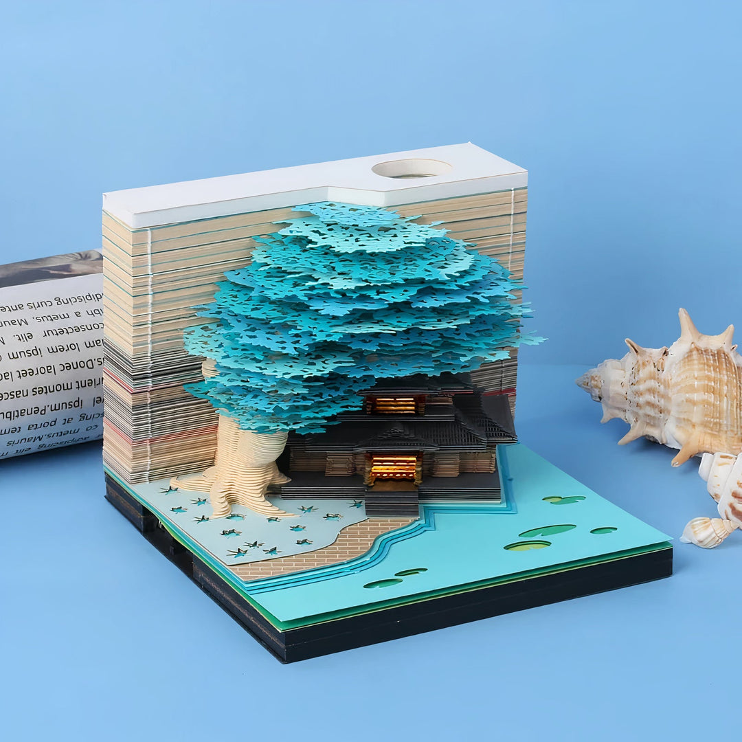 3D Notizblock mit Leuchteffekt | Handgefertigter Papierkunst Kalender mit Schloss-Motiv | Kreatives Schreibtisch-Dekor &amp; Geschenk