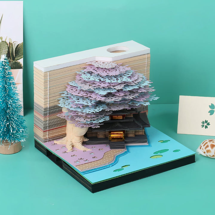 3D Notizblock mit Leuchteffekt | Handgefertigter Papierkunst Kalender mit Schloss-Motiv | Kreatives Schreibtisch-Dekor &amp; Geschenk