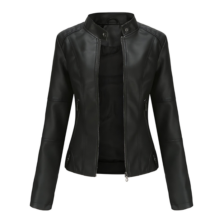 Damen Lederjacke | Taillierte Übergangsjacke mit Reißverschluss, Druckknopfkragen und praktischen Taschen