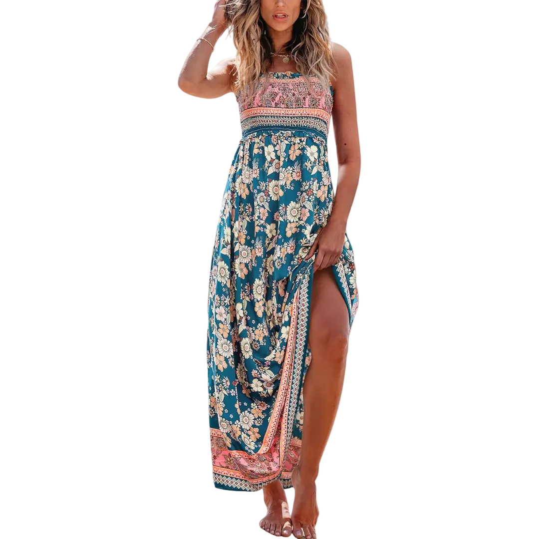 Maxikleid mit Frühlingsblütenmuster | gesmoktes Bustier elastisch &amp; bequem | quadratischer Ausschnitt, ärmellos | 100% Viskose