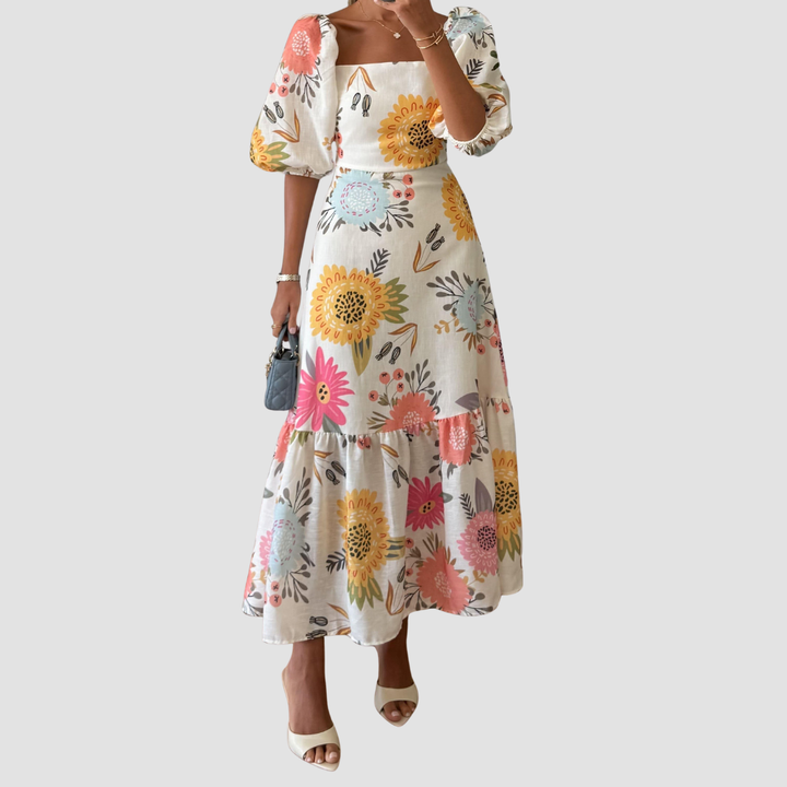 Fable romantisches Midikleid mit Blumenprint | Puffärmel &amp; fließende Silhouette | Atmungsaktiver Stoff, feminin &amp; vielseitig