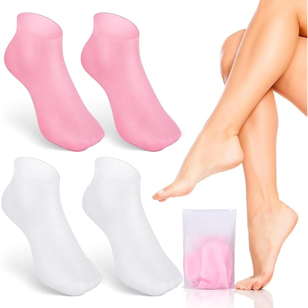 Feuchtigkeitsspendende Silikon-Pediküresocken 2 Paar | Für trockene &amp; raue Fersen | Unterstützt die Pflegewirkung von Cremes | Einheitsgröße US 5–10 | Rosa/Weiß