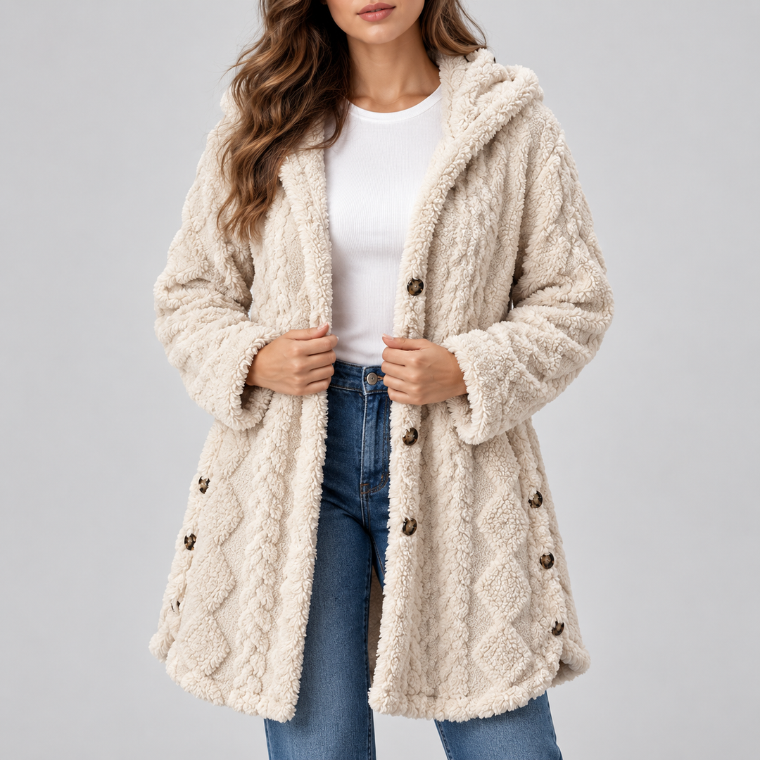 Damen Oversize Cardigan lang mit Kapuze | Warme Fleece-Strickjacke mit Knöpfen und Rautenstruktur für Herbst und Winter