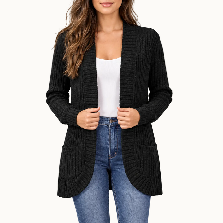 Damen Cardigan | Lange Strickjacke mit offener Front, Rippenstruktur, aufgesetzten Taschen und lockerem Schnitt für Alltag und Büro